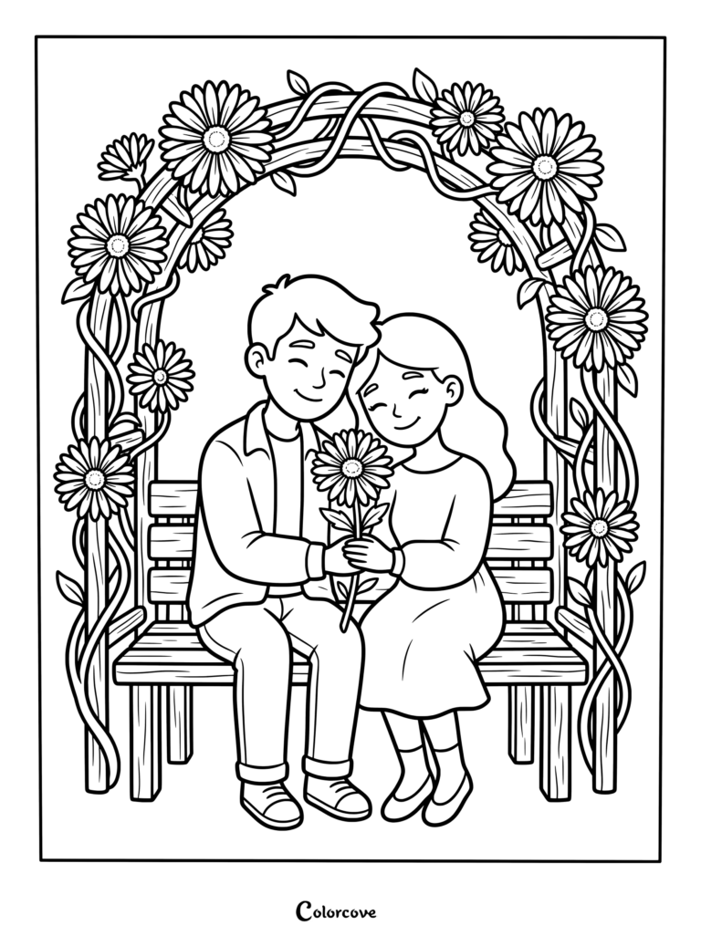 Aster coloring page featuring a smiling couple sitting on a wooden bench beneath an archway covered in flowers.