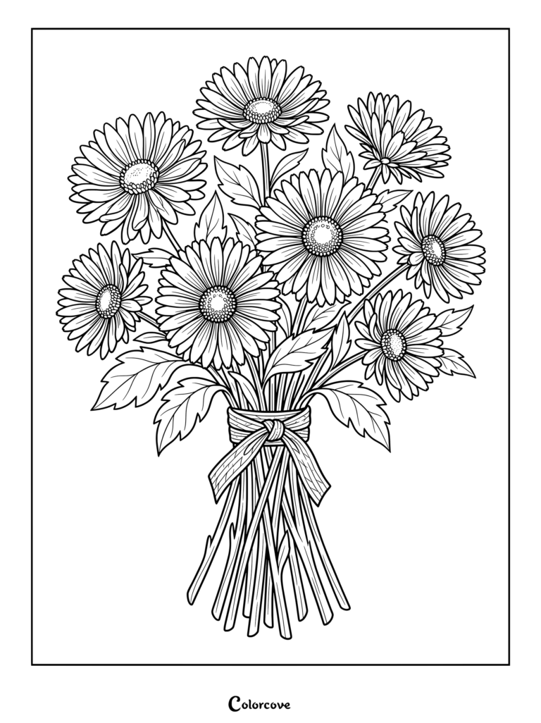 A detailed coloring page of an arrangement of aster flowers tied with a ribbon.