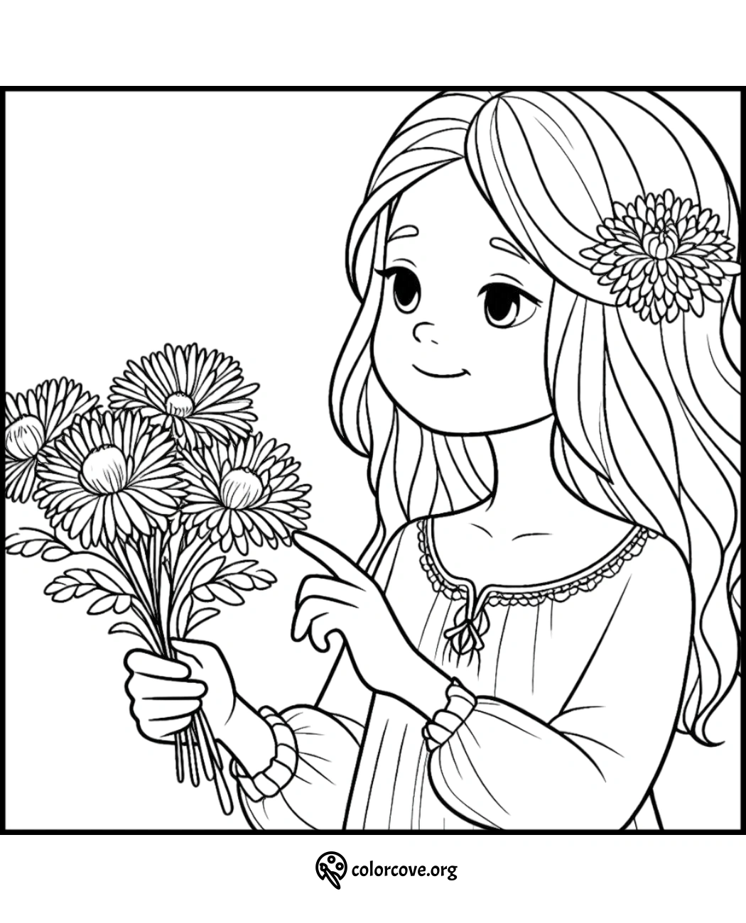 Girl holding bouquet of flowers coloring page, perfect for kids and adults to color and enjoy. Download now at colorcove.org.