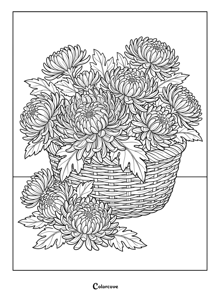 Detailed coloring page featuring a woven basket overflowing with beautiful Aster flowers and leafy stems.