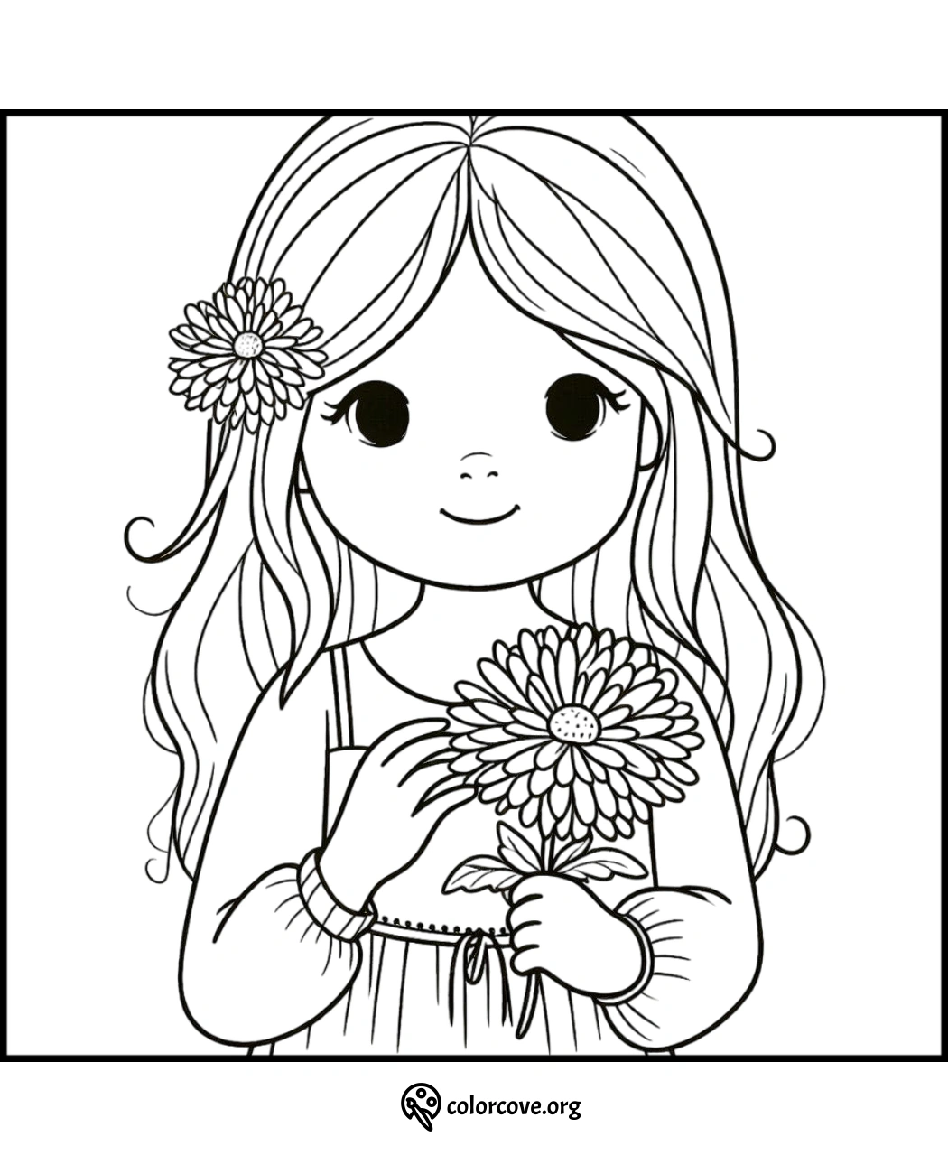 Cute girl with long hair holding a flower, wearing a floral headpiece. Coloring page for kids. Coloring activity.