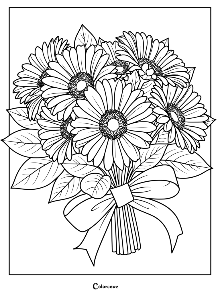 Detailed aster flowers bouquet coloring page tied with a ribbon.