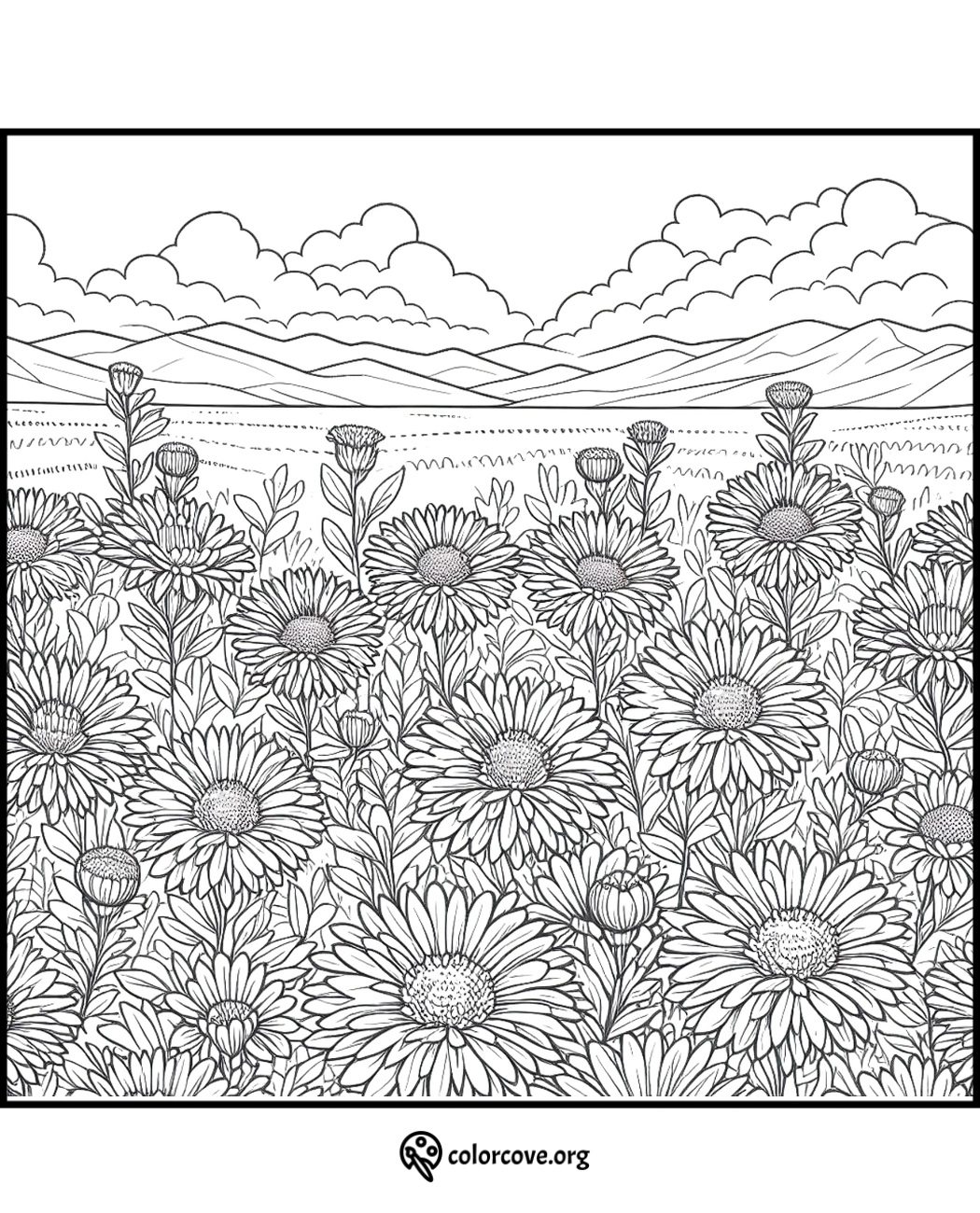 Coloring page with a detailed field of flowers and mountains in the background, perfect for relaxation and creativity.