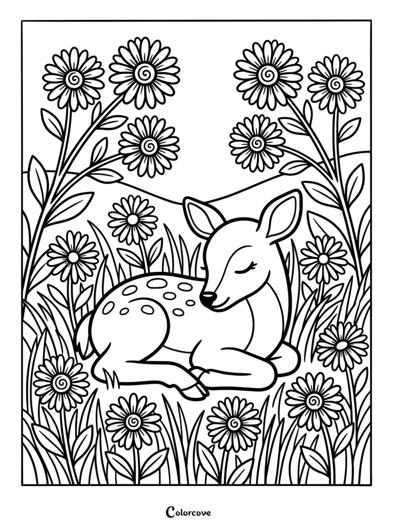 An adorable baby deer sleeping peacefully amidst tall grass and blooming Aster flowers in a printable coloring page.