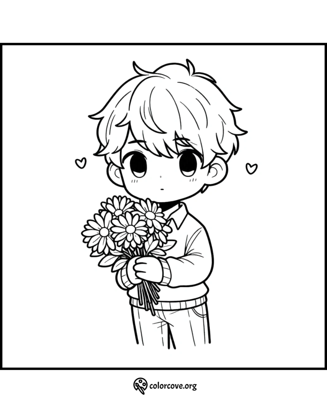 Chibi boy holding flowers coloring page - cute anime character for kids to color and enjoy creative activities.