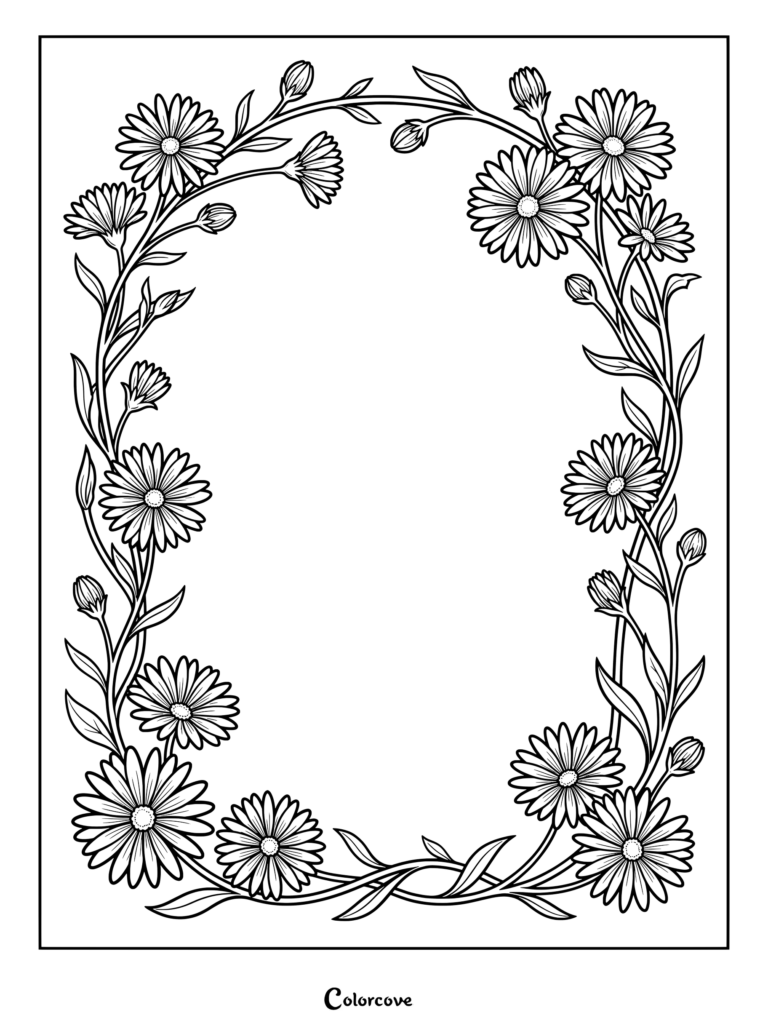 Decorative floral frame featuring Aster flowers and buds in a coloring page design.