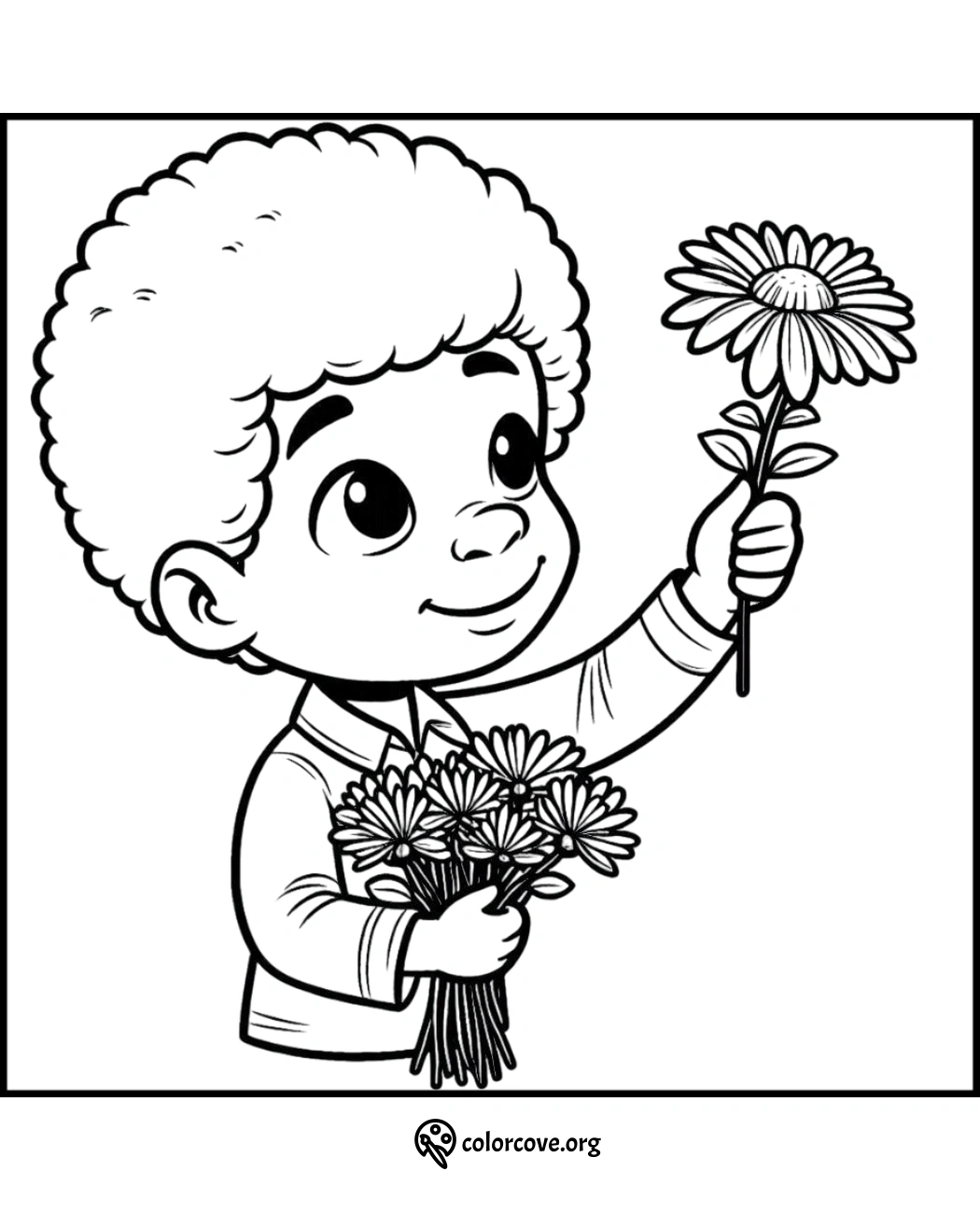 Coloring page of a smiling child holding a bouquet of flowers, perfect for kids to color and enjoy creative activities.