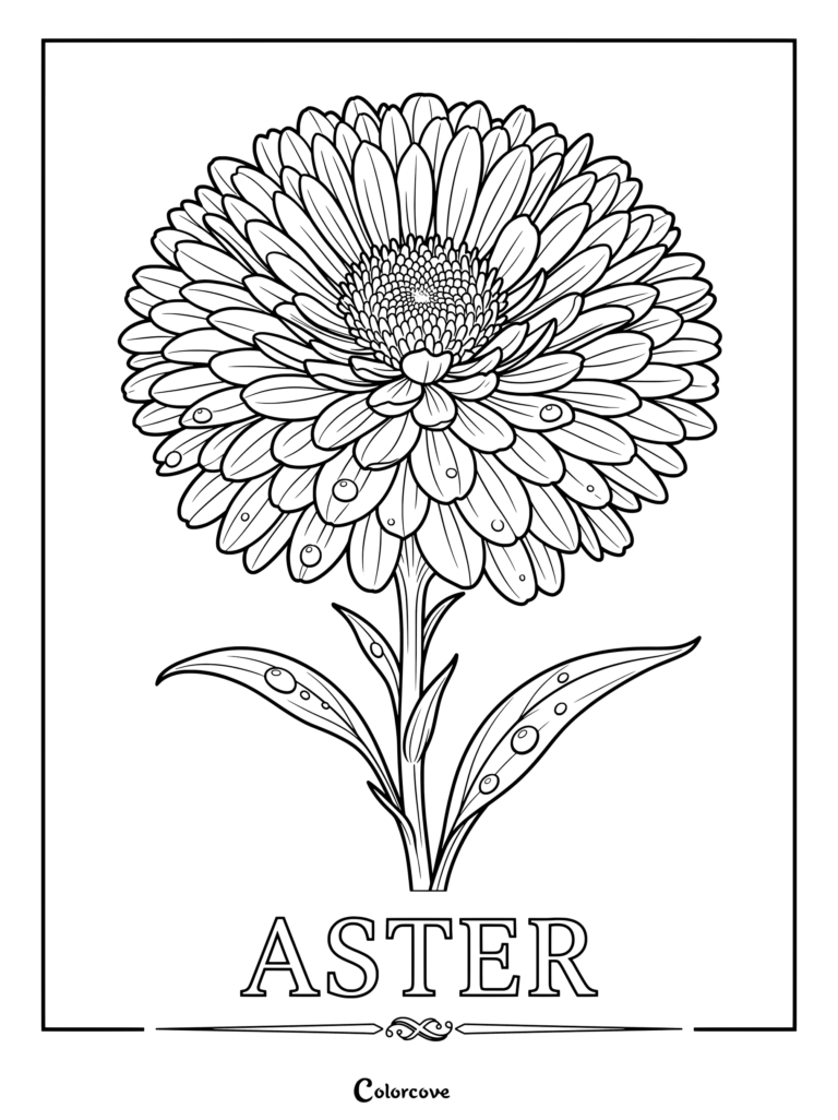 Detailed coloring page of a single large Aster flower covered in morning dew drops.