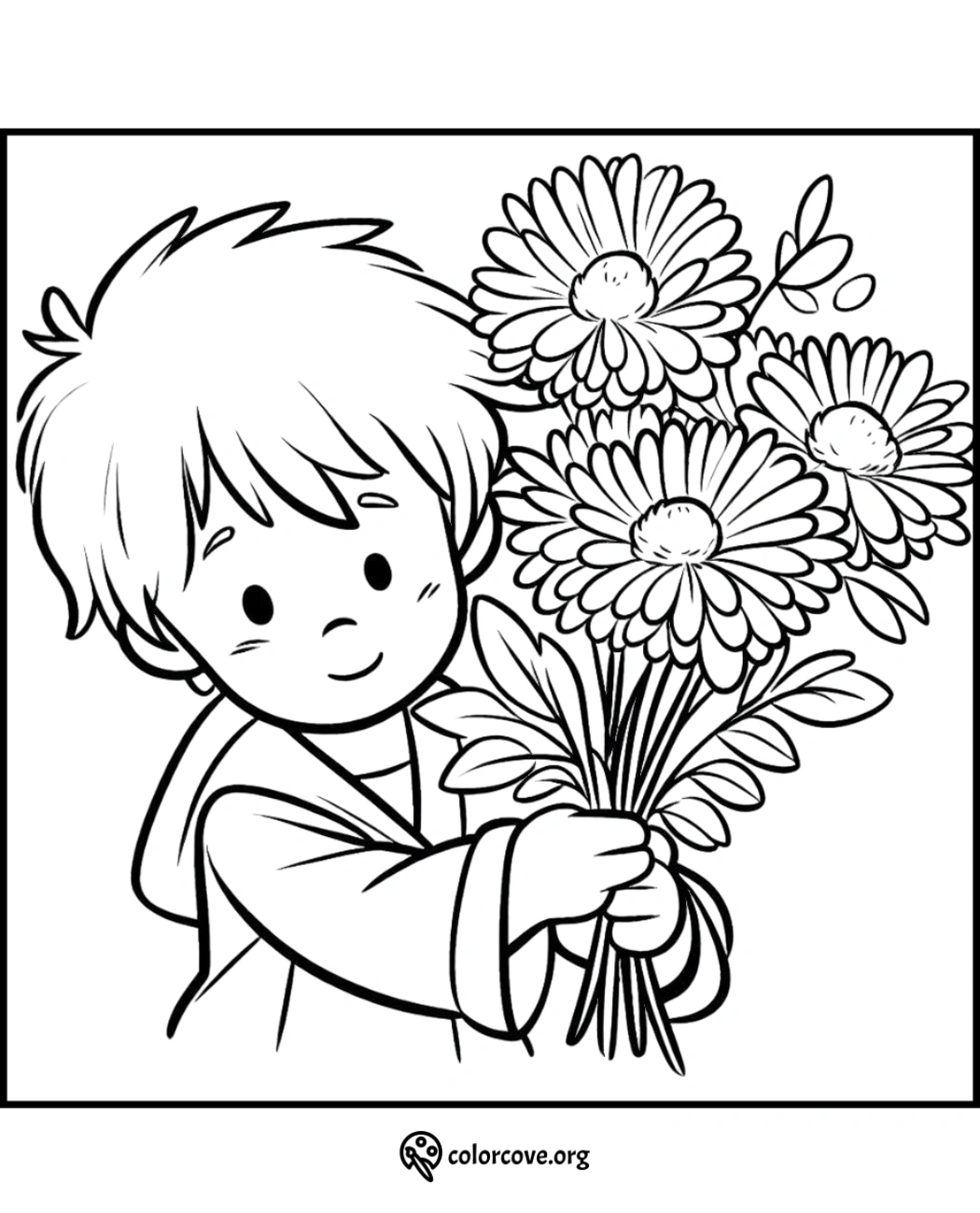 Coloring page of a child holding a bouquet of flowers. Printable kids activity from ColorCove.org.