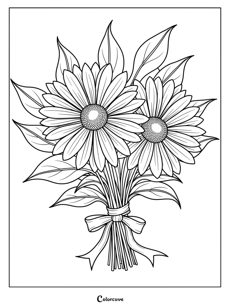 Detailed aster bouquet coloring page featuring two large blossoms tied with a ribbon.
