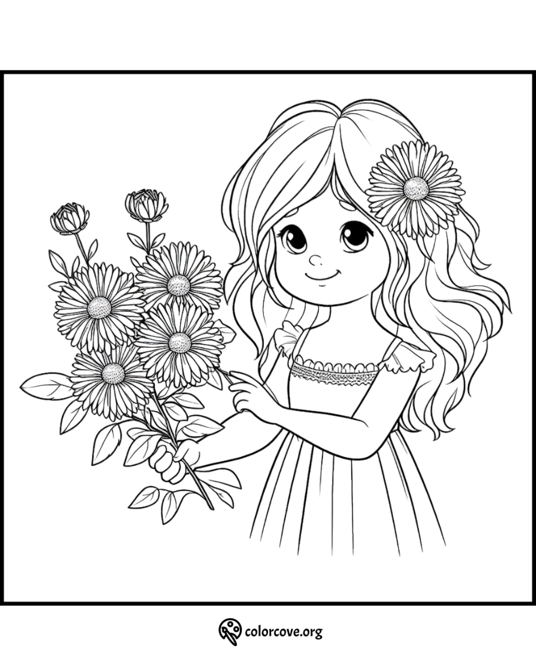 Cute girl holding a bouquet of flowers coloring page, perfect for kids to enjoy and enhance their creativity. Printable and fun!