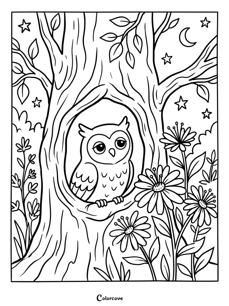 Aster coloring page featuring a cute owl nestled inside a tree hollow surrounded by flowers and stars at night.