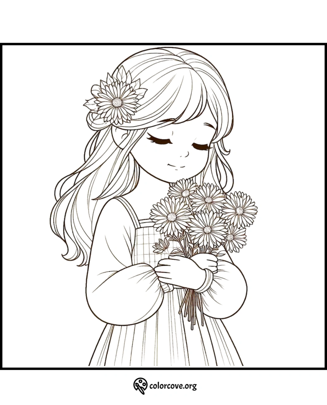 Girl holding a bouquet of flowers coloring page - downloadable and printable for kids and adults from Colorcove.org