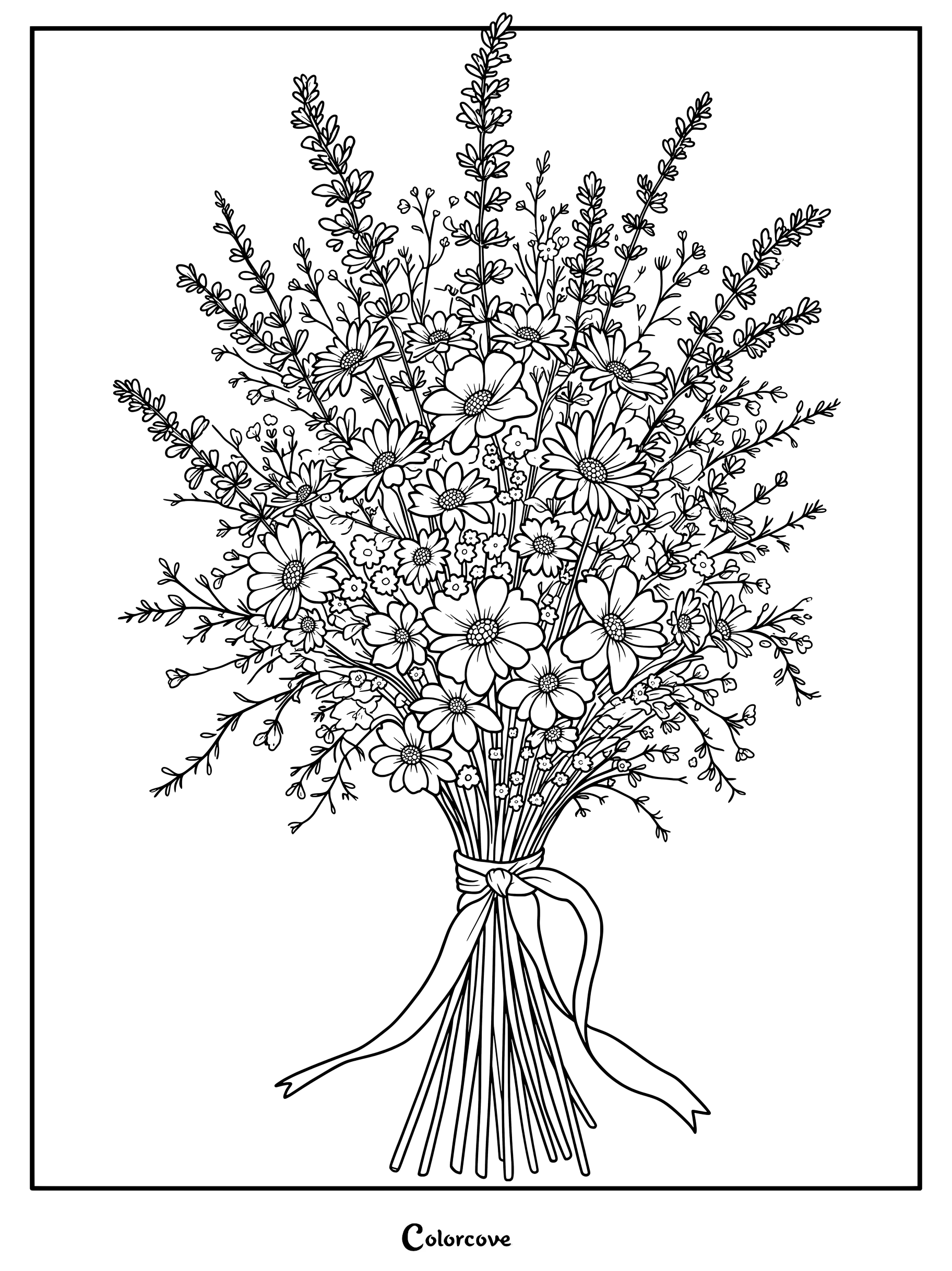 Una página para colorear detallada de un ramo de flores de áster con flores variadas atadas con una cinta.