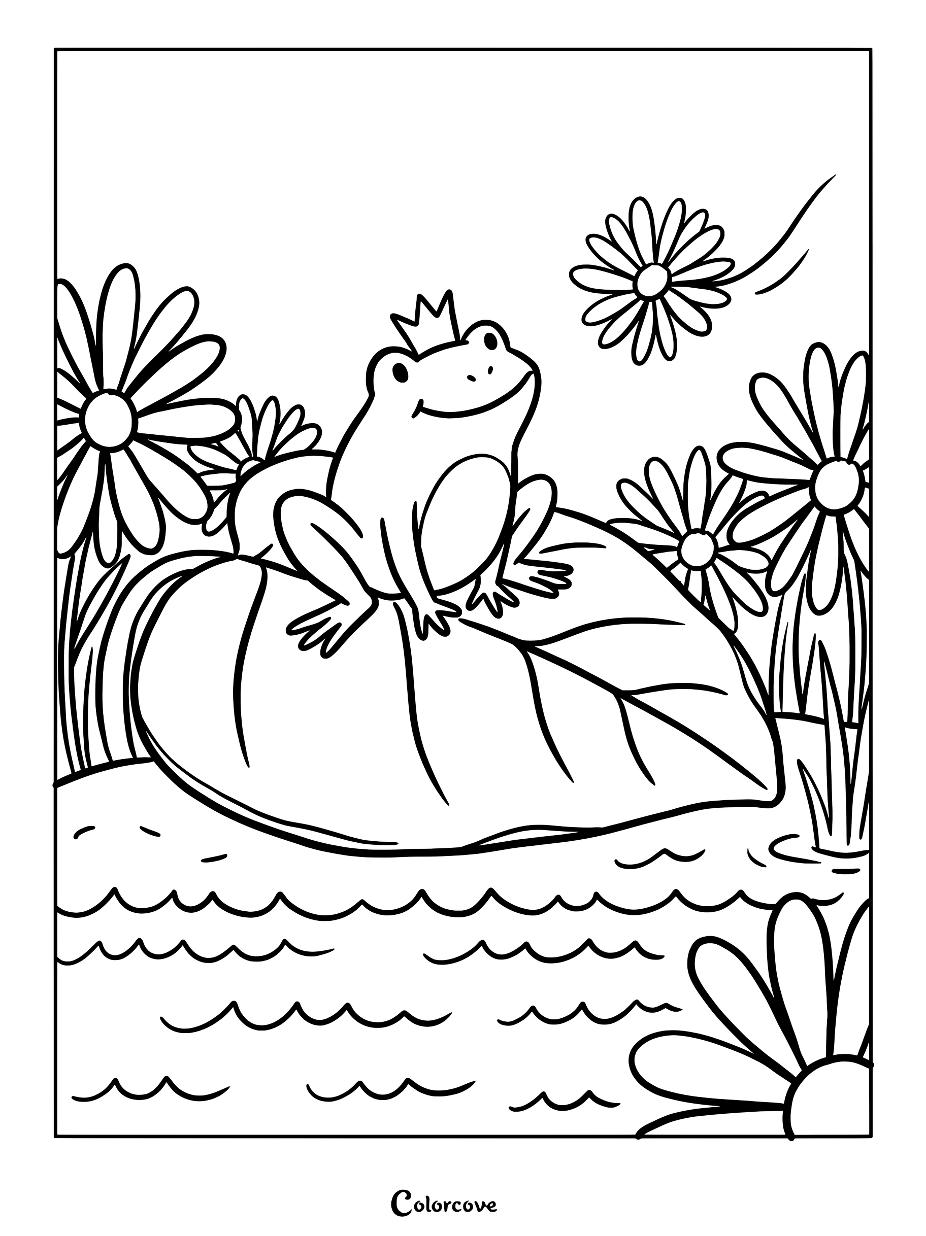 Página para colorear de áster con una rana con corona sentada sobre una hoja grande rodeada de margaritas.