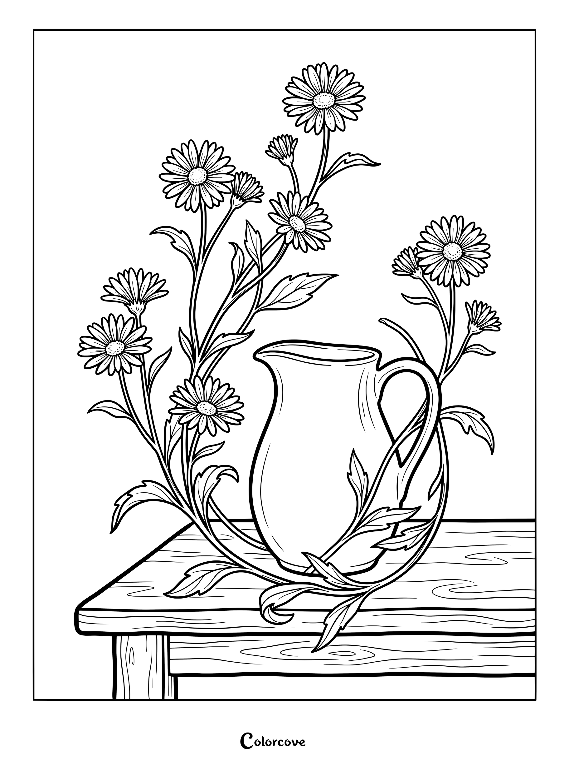 Página para colorear de flores de áster en una jarra de cerámica sobre una mesa de madera