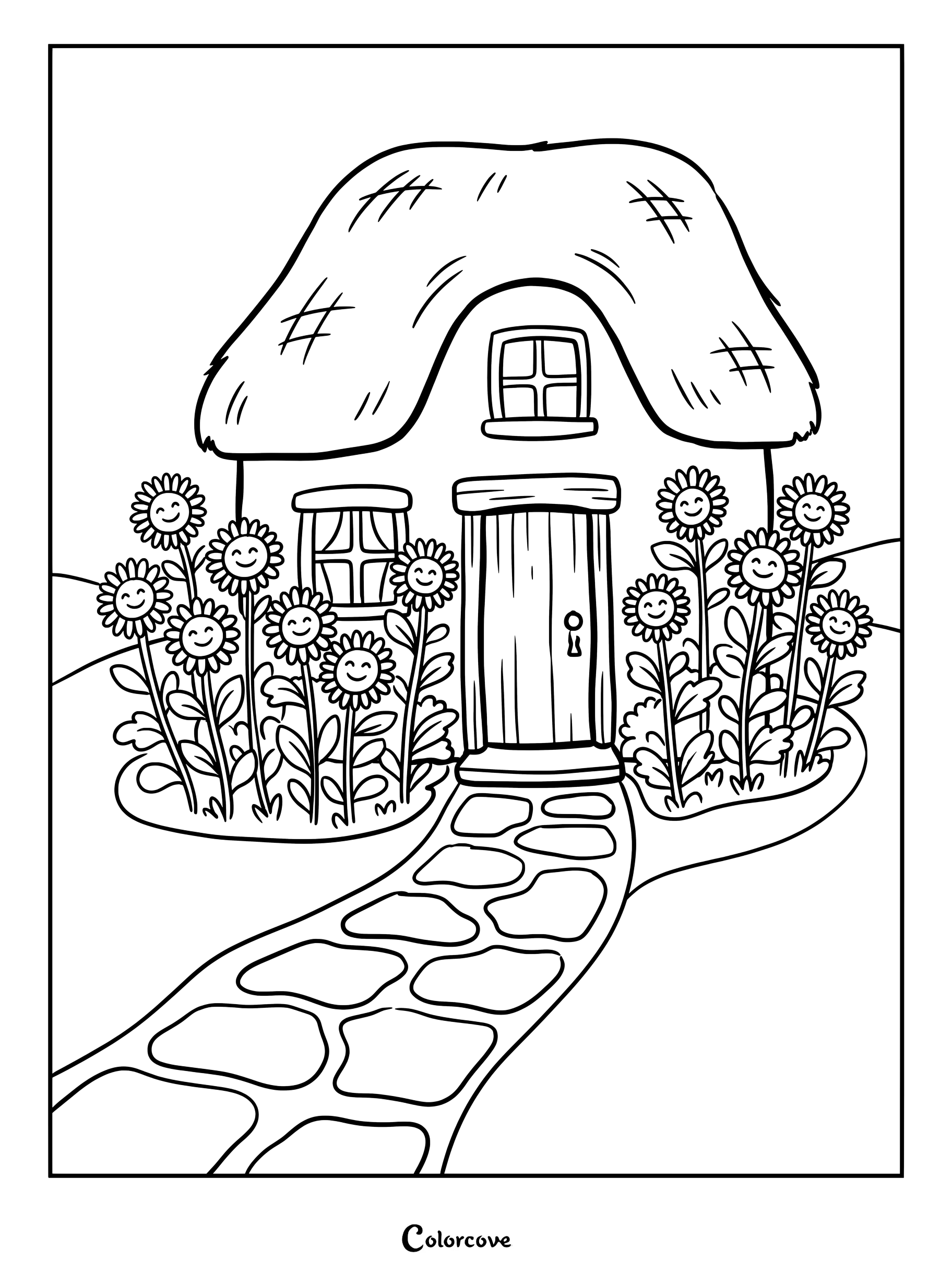 Una página para colorear de áster con una acogedora casa de campo con techo de paja rodeada de alegres flores sonrientes y un camino de piedra.