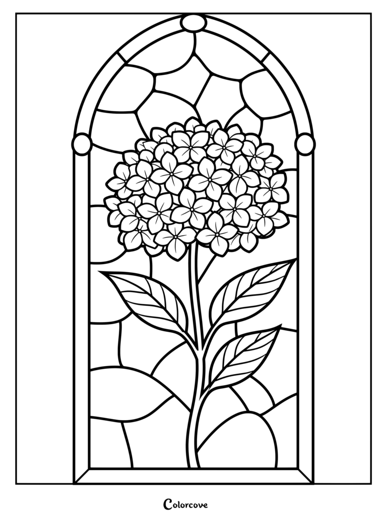 An intricate stained glass window design featuring an Aster flower inside an arched frame.