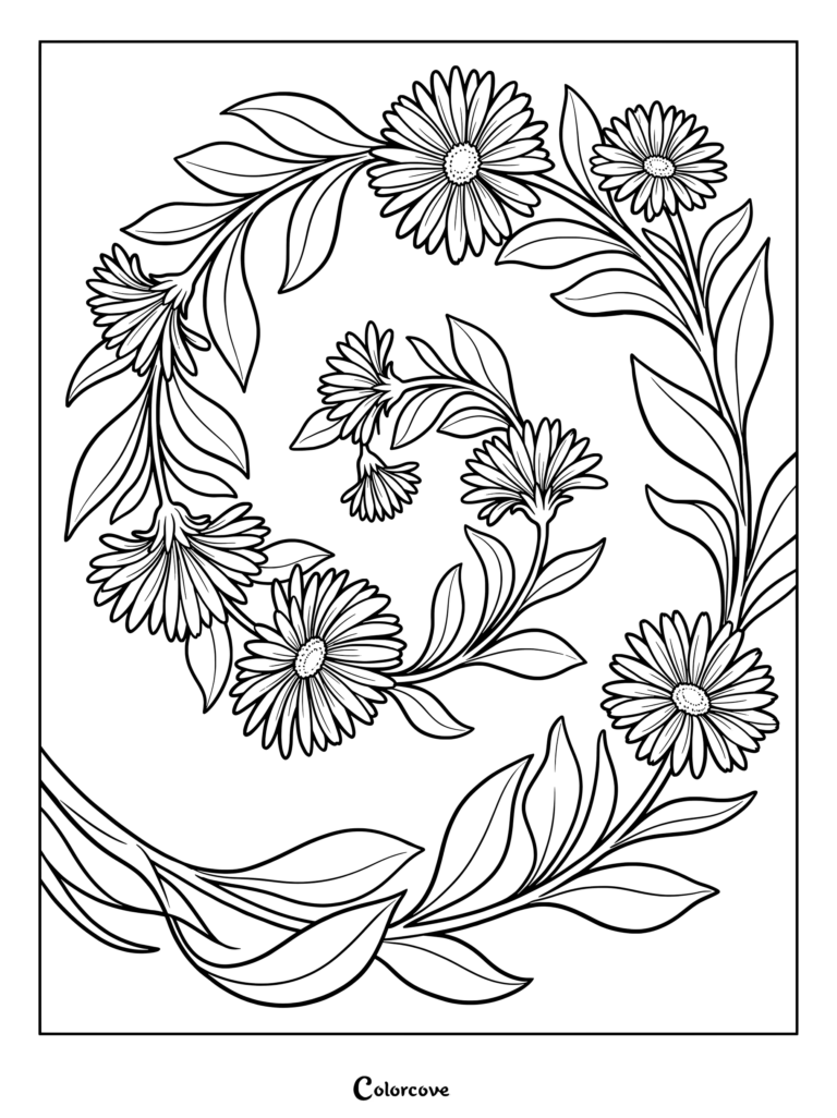 A printable coloring page featuring a spiral wreath of detailed aster flowers and leaves.