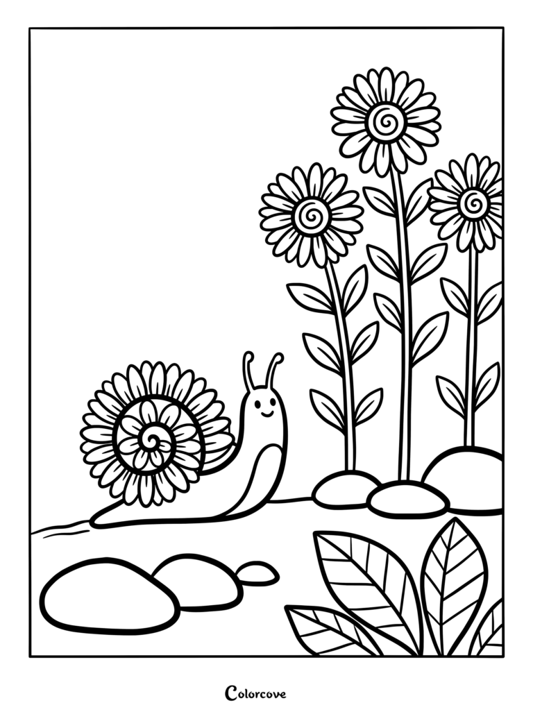 A friendly snail with a flower shell crawling past tall aster flowers in this coloring page.