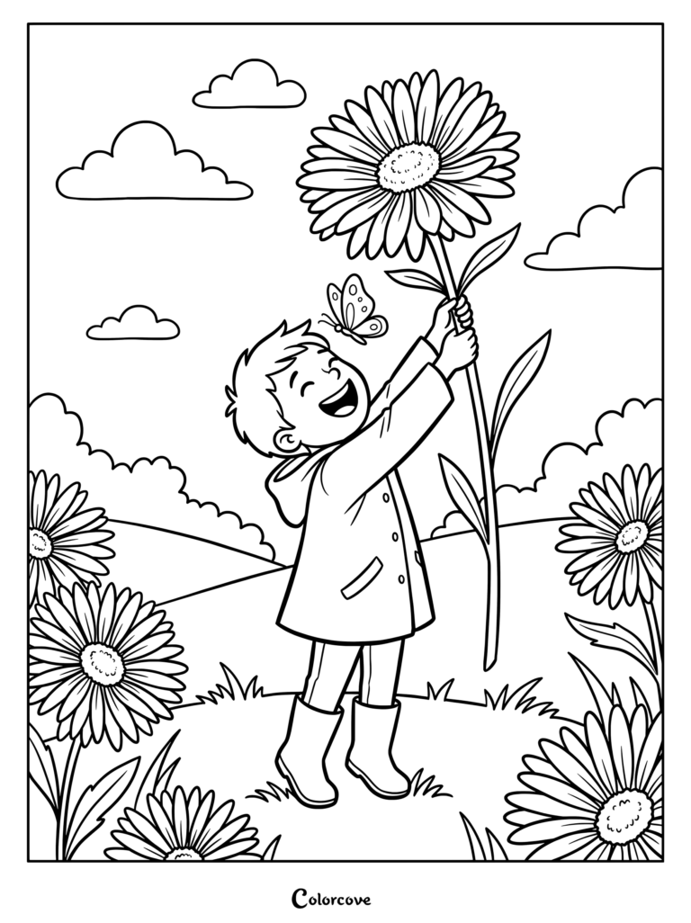 Aster coloring page featuring a happy boy holding a giant flower with a butterfly nearby in a meadow