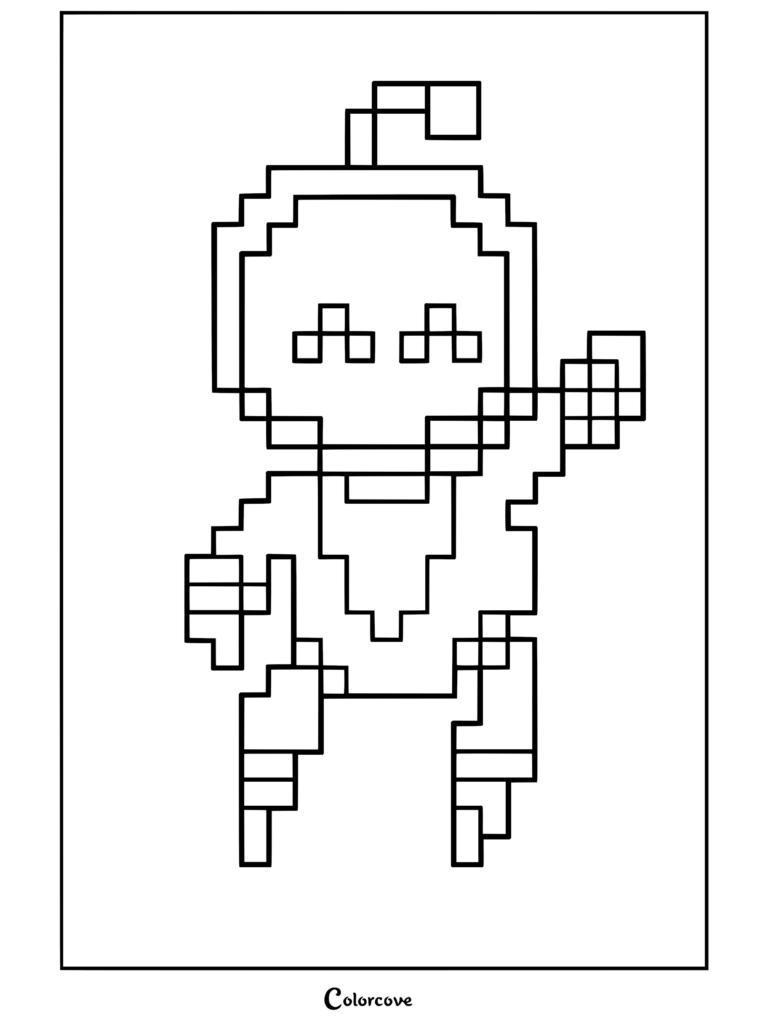 Dibujo para colorear en pixel art de Astro Bot saludando, con contornos retro pixelados.