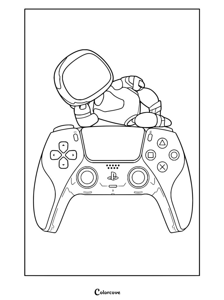 Dibujo para colorear de Astro Bot donde el héroe descansa sobre un mando de PlayStation 5.