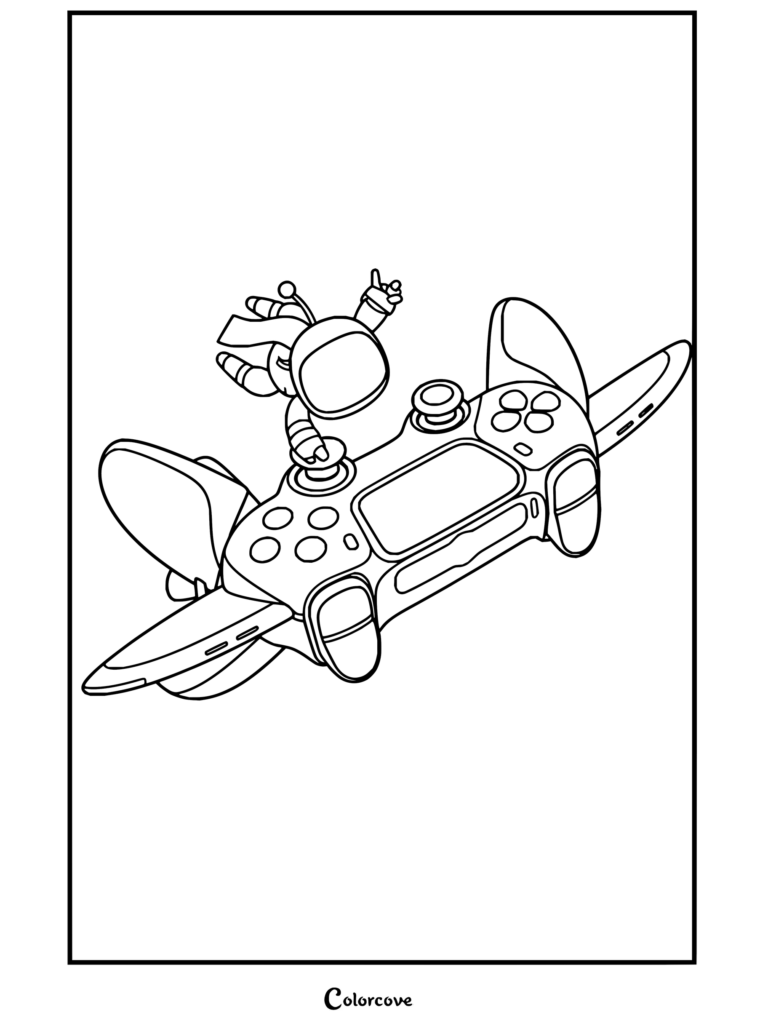 Dibujo para colorear de Astro Bot pilotando la nave espacial Mandospeeder.