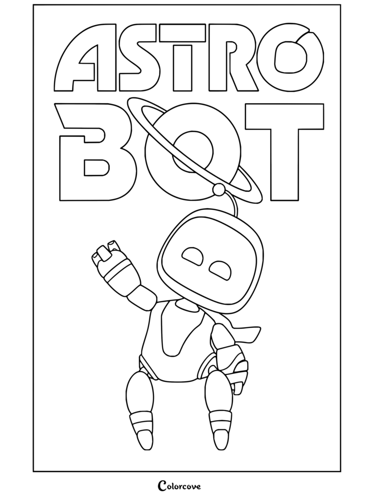 Dibujo para colorear de Astro Bot saludando alegremente frente al logotipo, ideal para niños y fans.