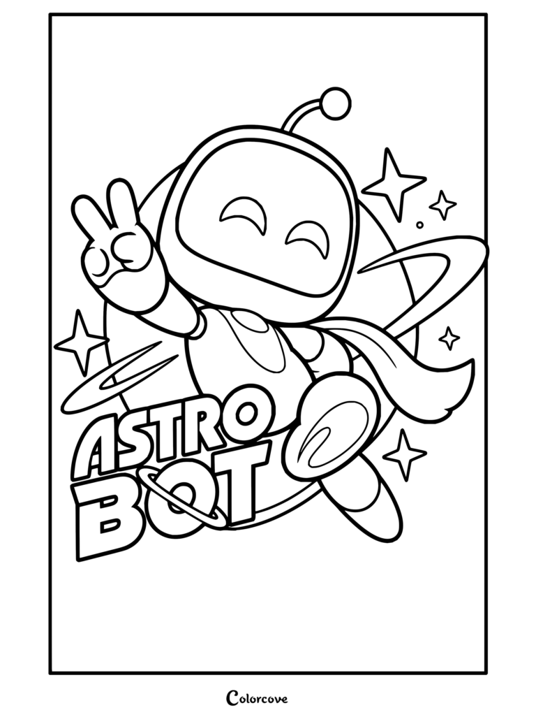 Dibujo para colorear de Astro Bot con el simpático robot haciendo el signo de la paz con un planeta y estrellas de fondo.