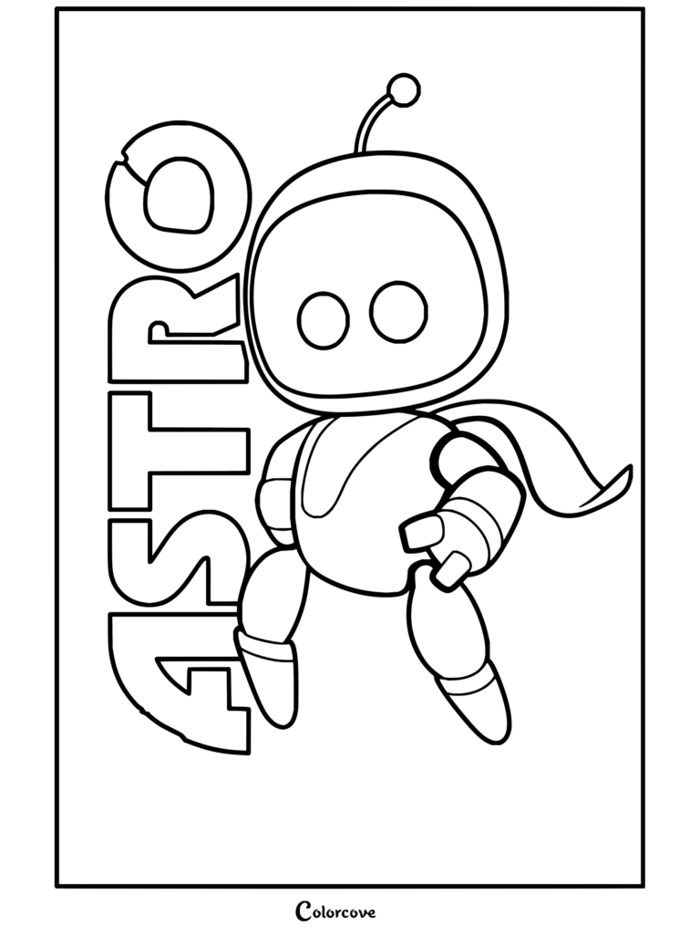 Dibujo para colorear de Astro Bot con el héroe llevando una capa y de pie junto a su nombre en letras grandes.