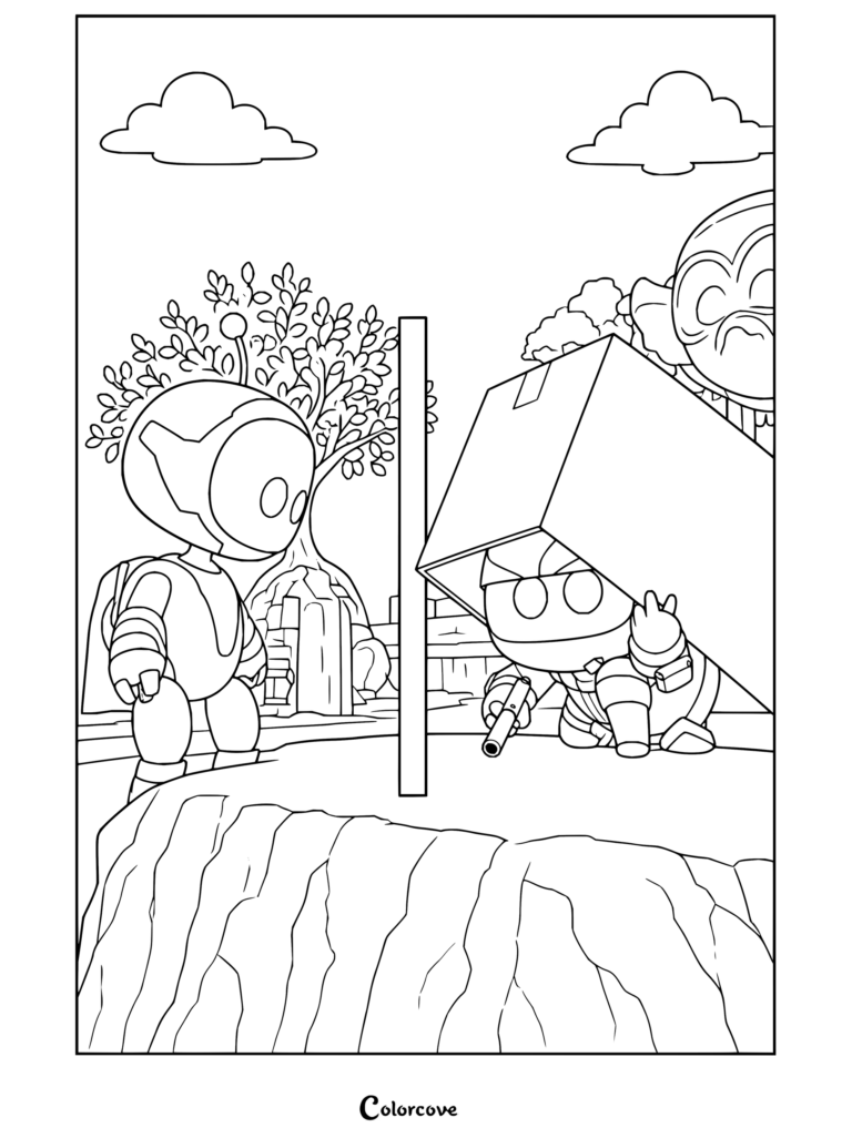 Dibujo para colorear de Astro Bot con un bot escondido bajo una caja de cartón mientras otro bot observa.