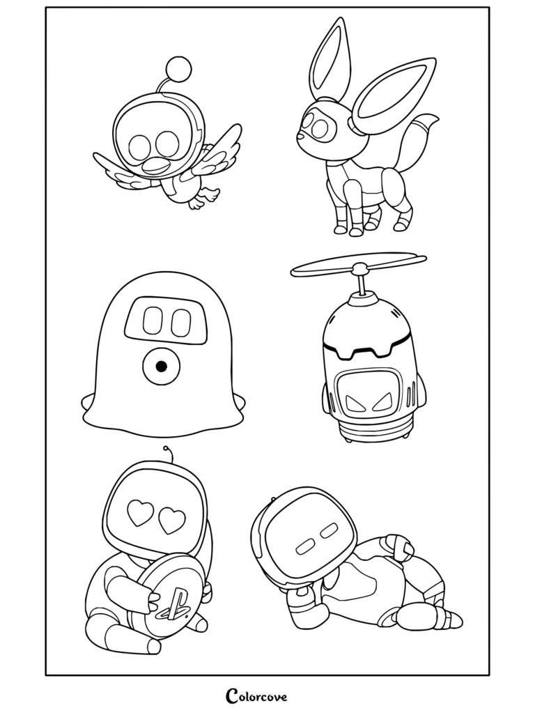 Dibujo para colorear de Astro Bot con compañeros y enemigos robóticos.