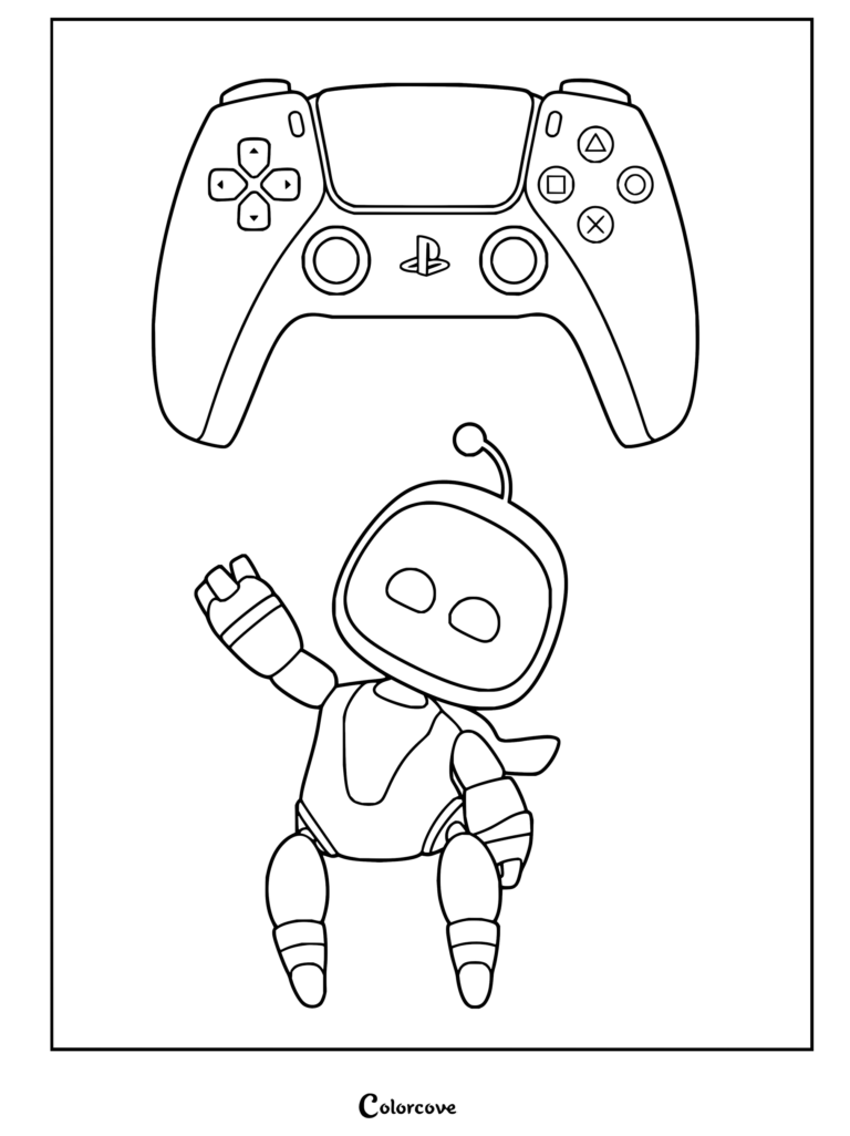 Dibujo para colorear del personaje Astro Bot saludando junto a un mando DualSense para niños y aficionados.