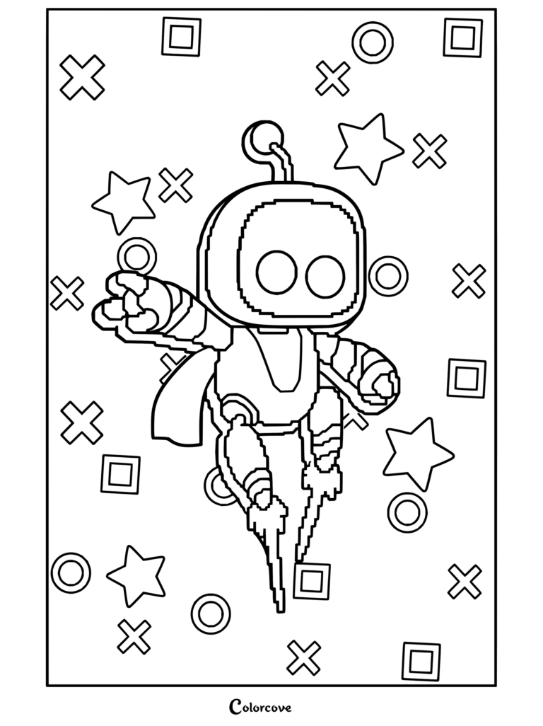 Lámina imprimible para colorear de Astro Bot volando en estilo pixel art con símbolos de PlayStation como cuadrados, círculos y cruces.