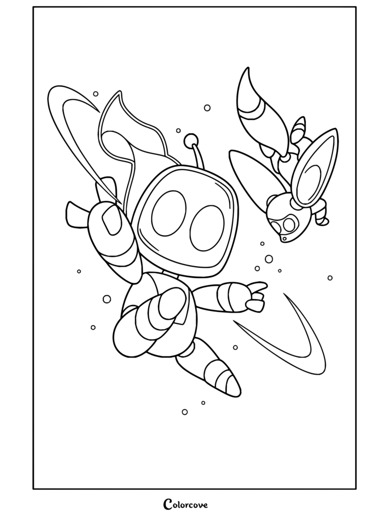 Dibujo para colorear de Astro Bot volando con los poderes del zorro robótico propulsor.