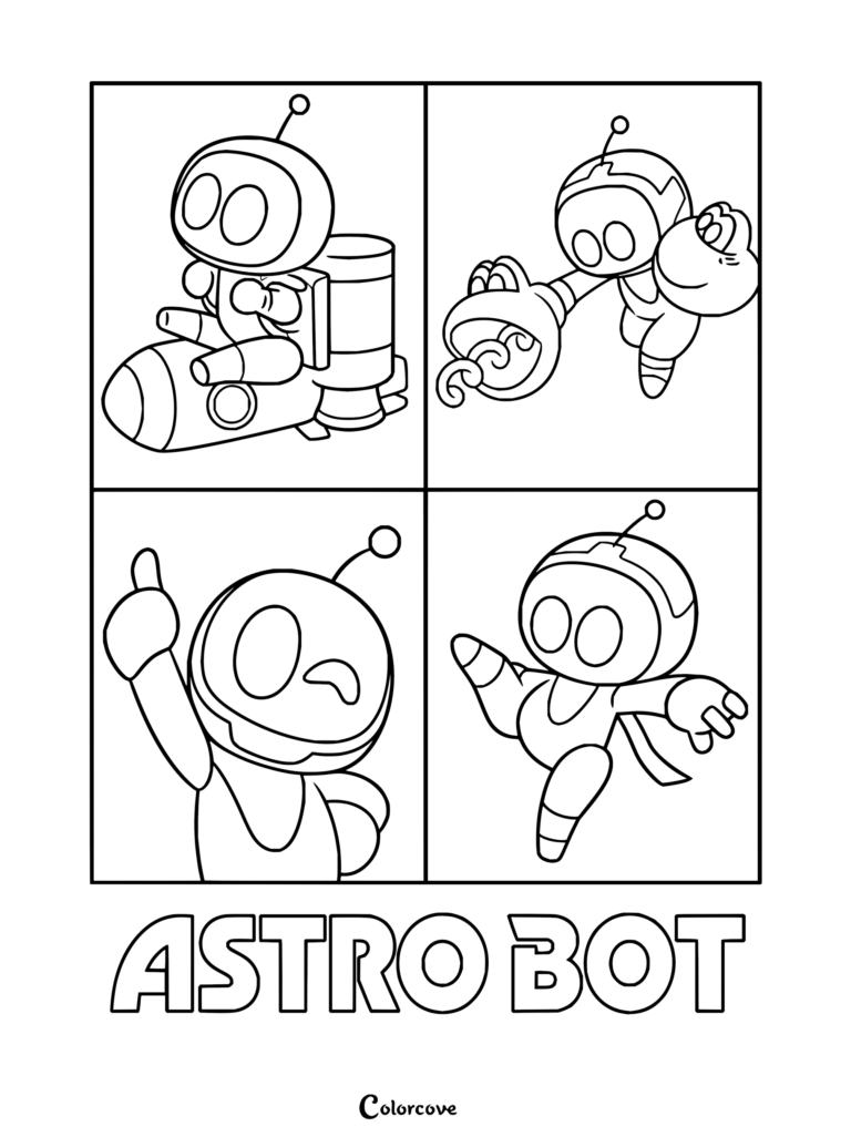 Dibujo para colorear de Astro Bot con un diseño en cuatro paneles de pegatinas, poses de acción y elementos del juego.