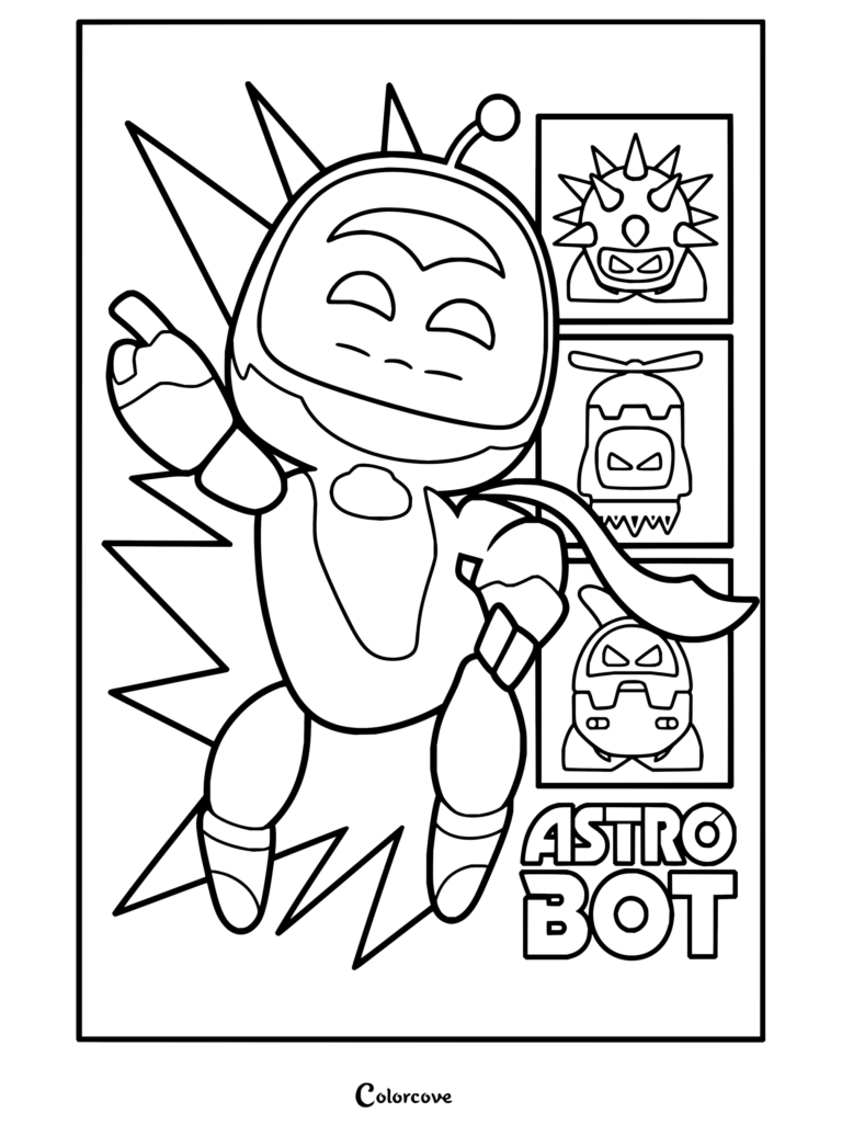 Dibujo para colorear de Astro Bot en pose heroica con púas azules y el logotipo de Astro Bot.