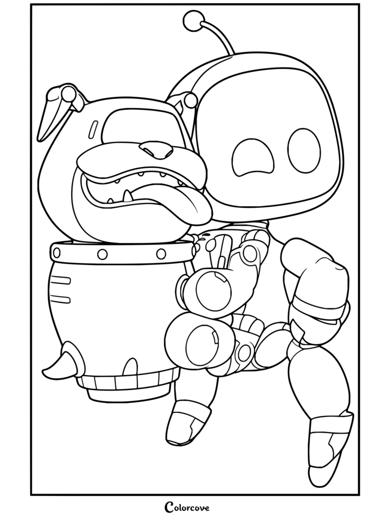 Dibujo para colorear con trazos detallados de Astro Bot sosteniendo a Barkster, su compañero perro bulldog robótico.