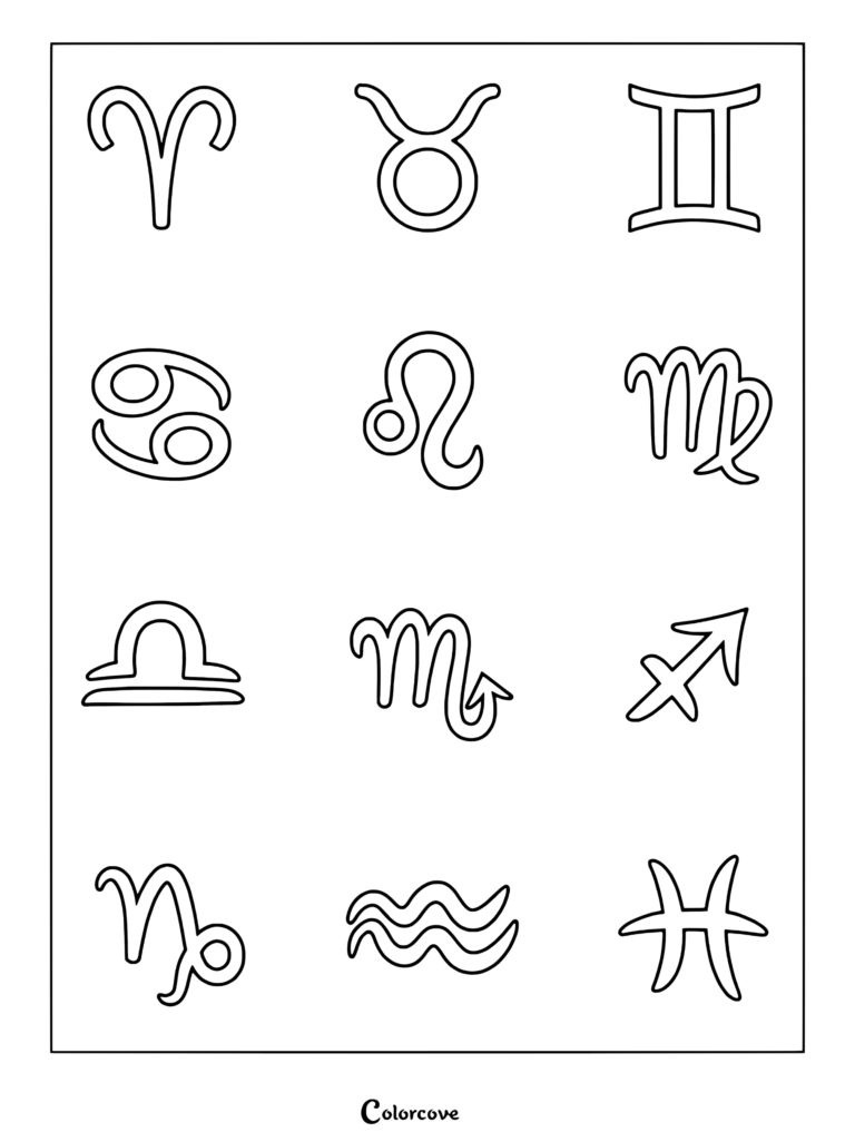 All twelve astrology zodiac sign symbols displayed together on a printable coloring page.