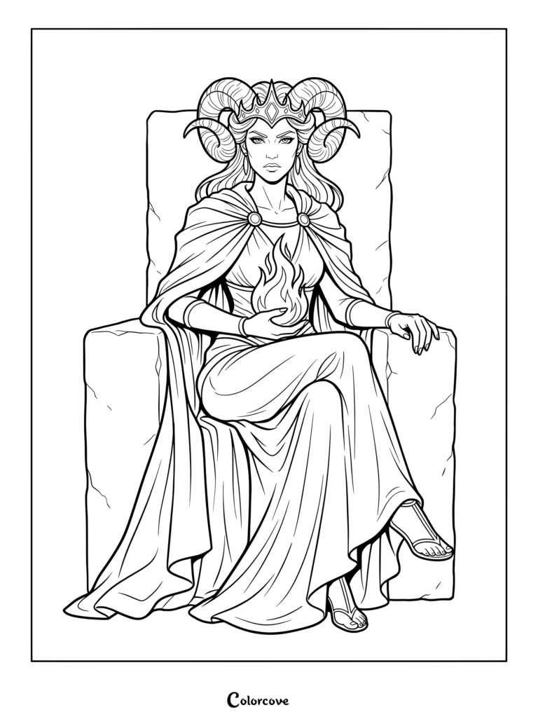Astrology Zodiac coloring page featuring the Aries queen sitting on a stone throne holding fire.