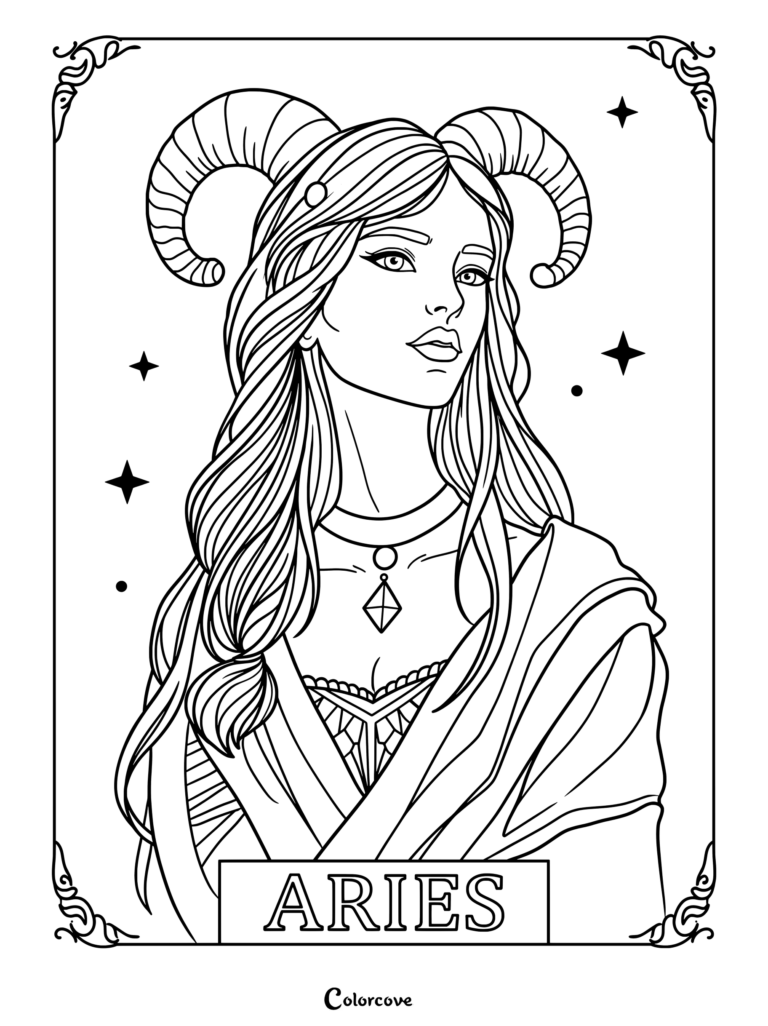 Aries astrology zodiac coloring page featuring a woman with ram horns and stars.