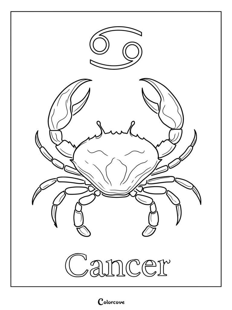 Cancer coloring page featuring the zodiac symbol and a detailed crab from Astrology Zodiac.