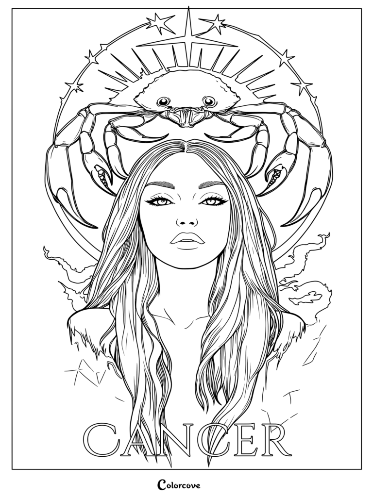 Astrology Zodiac Cancer coloring page featuring a woman with long hair and a crab.