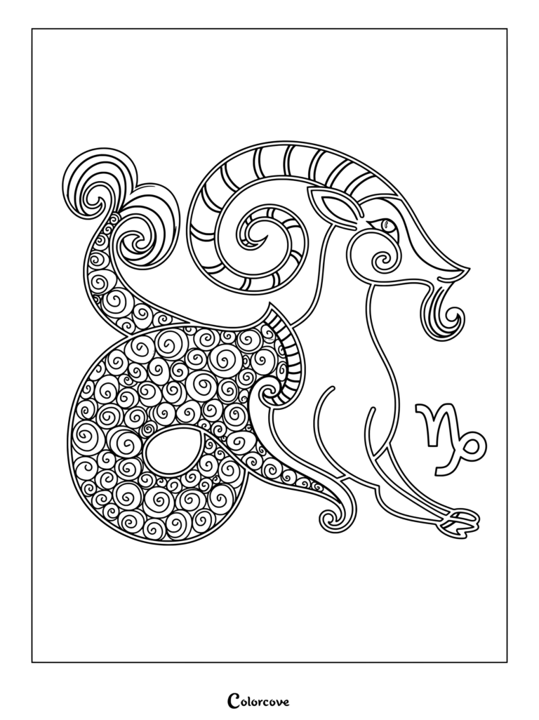 Capricorn astrology zodiac sign featuring a sea-goat with intricate swirled patterns in its body and tail, designed as a coloring page.