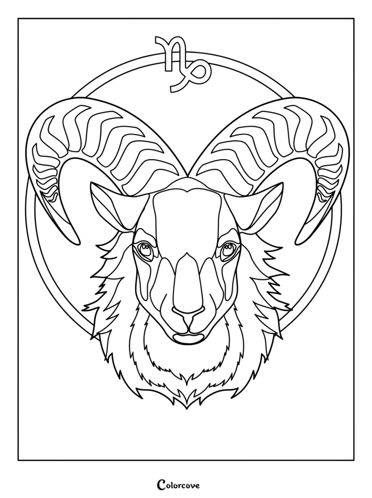 Capricorn astrology zodiac printable coloring page featuring a detailed ram head with large horns.