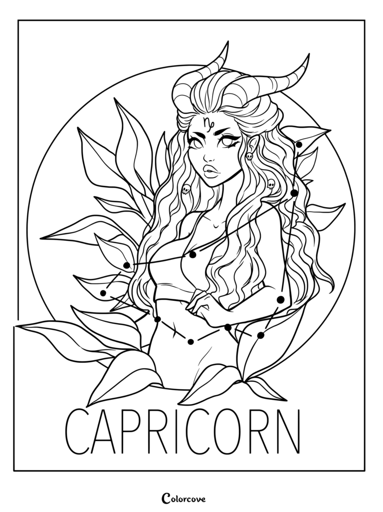 Astrology Zodiac coloring page featuring a horned Capricorn goddess surrounded by foliage and constellation lines.