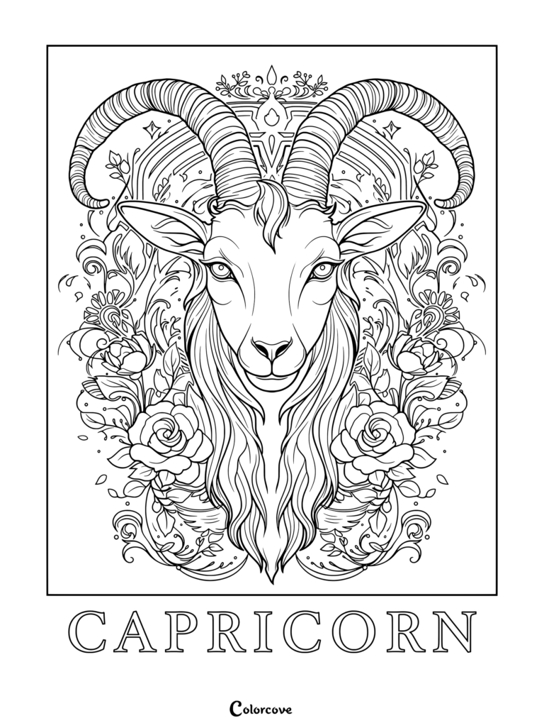 Capricorn astrology zodiac coloring page featuring a detailed goat head surrounded by roses and decorative swirls.