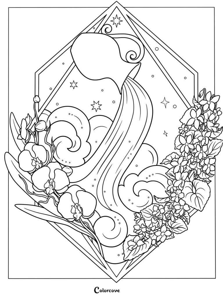 Aquarius astrology zodiac coloring page featuring a water pitcher pouring water amidst flowers.
