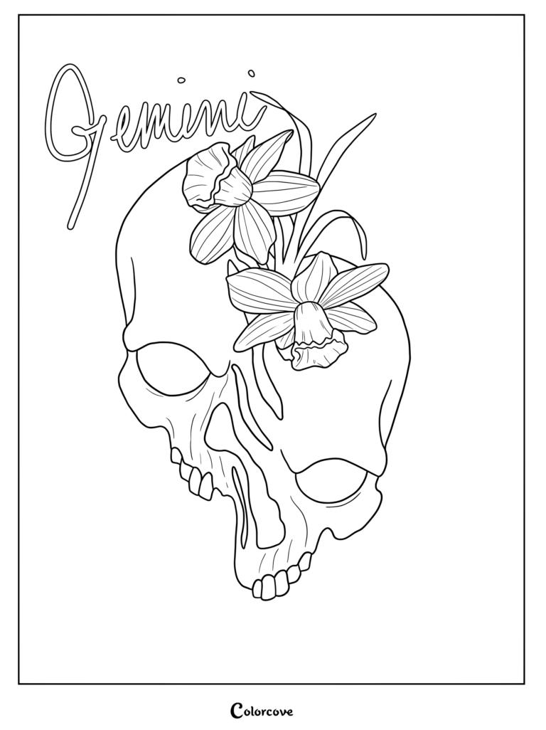 Gemini skull with daffodils coloring page featuring astrology zodiac elements.